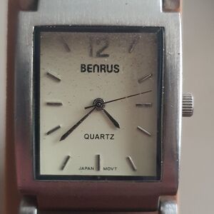 🪻3/$10 New Battery! BENRUS Silver and Black Leather Men's Watch